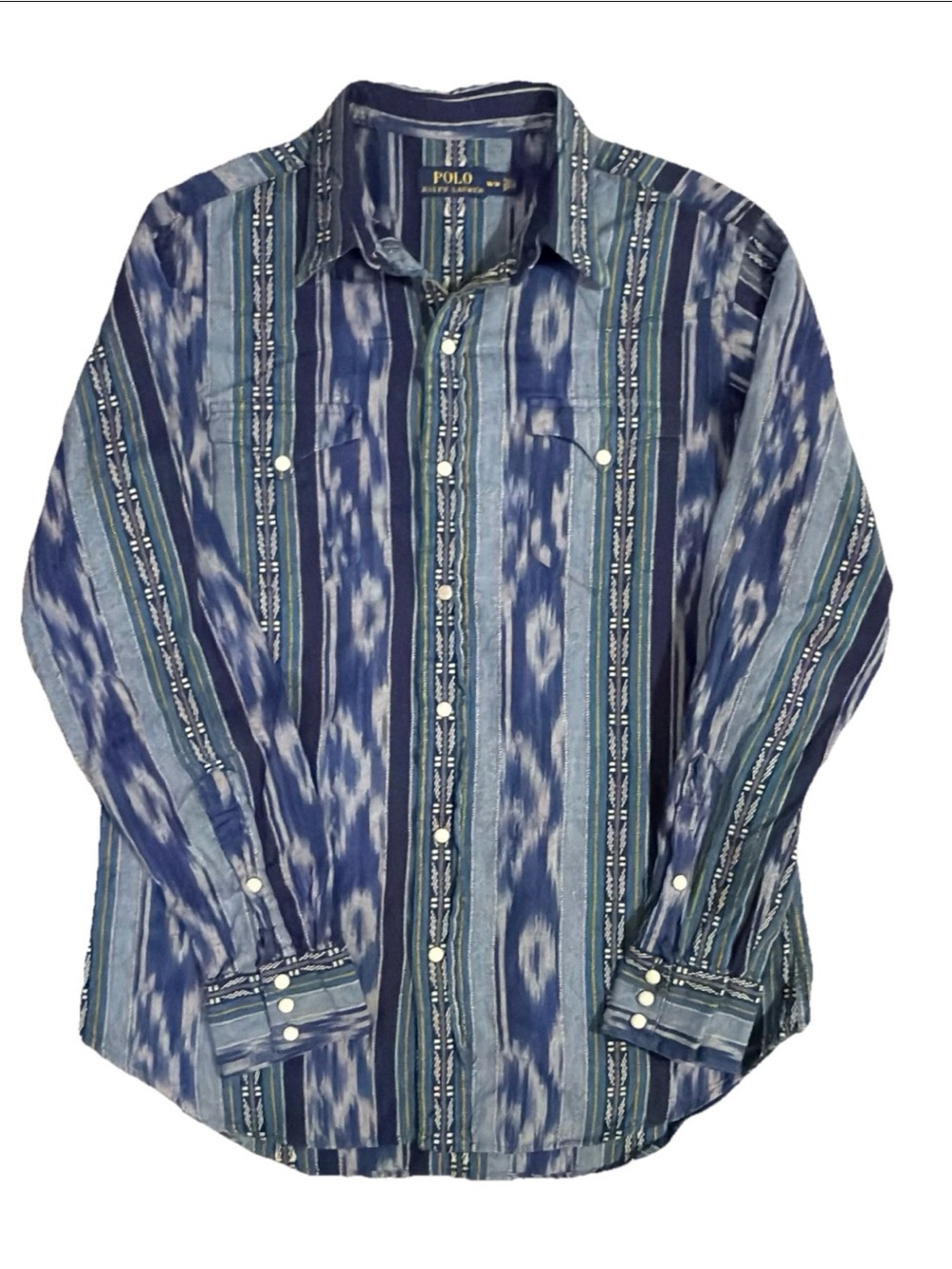 Polo Ralph Lauren Western Shirt Medium Blue Green Aztec Southwestern Pearl Snap